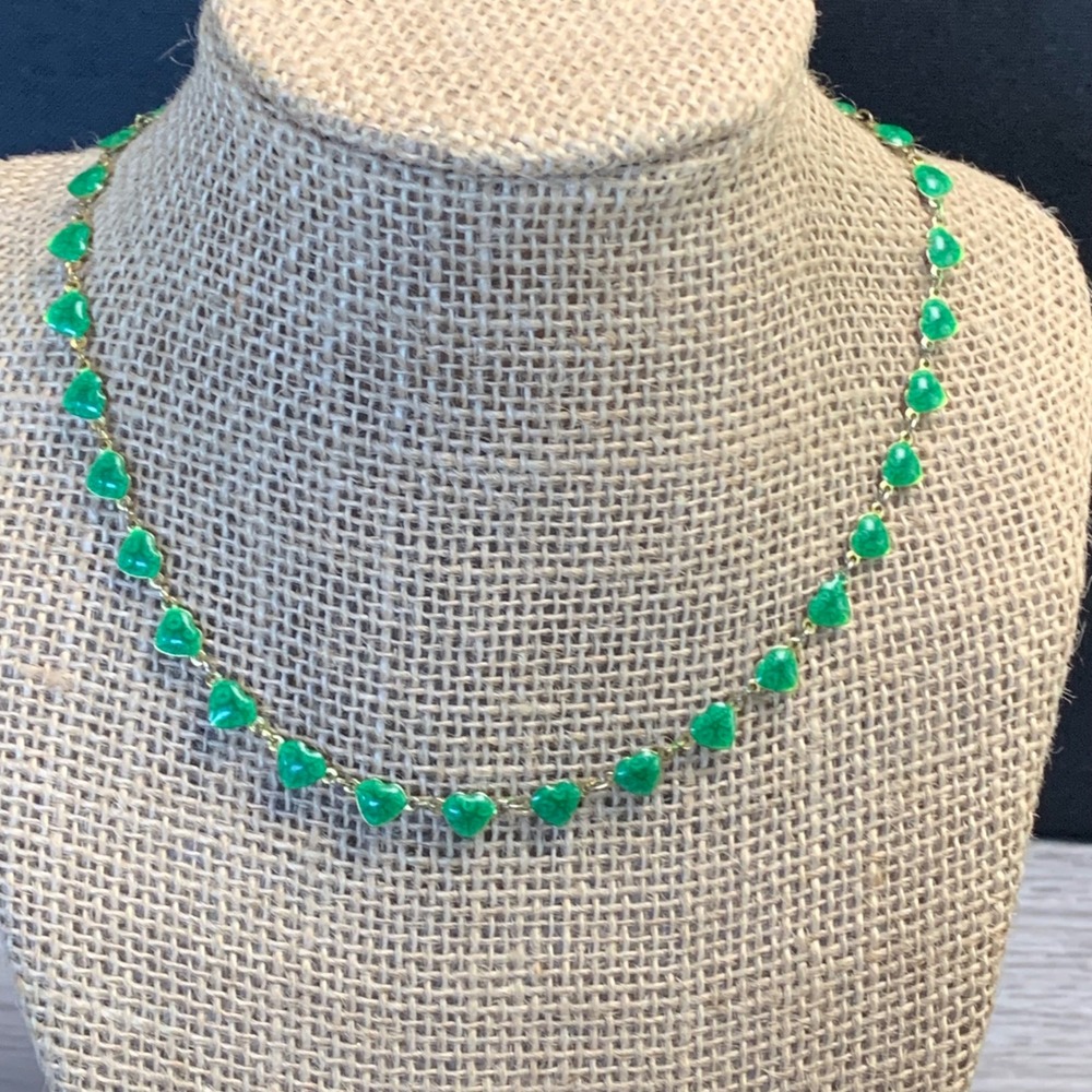 Vintage Enamel Heart Necklace Set 2pc Green Gold Navy Blue Bronze 16 Inch